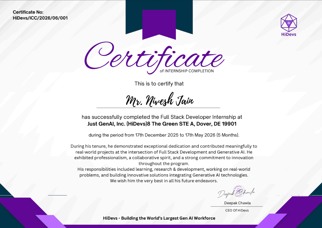 Nivesh Jain certificate - Full Stack Developer Internship